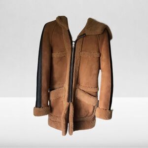 Coach Reversible Camel & Black Shearling & Suede Zipup Coat with Hood
